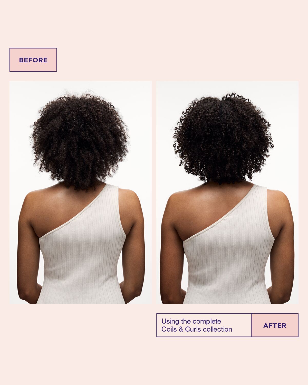 Model’s hair before and after using Coils & Curls Finishing Treatment hair mask for curly hair