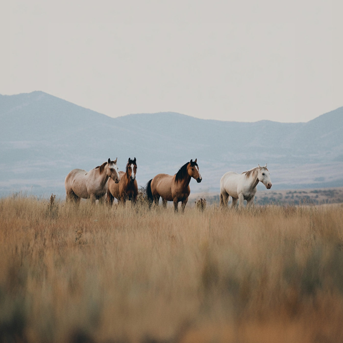 Family of wild horses out on a field with mountains in the background