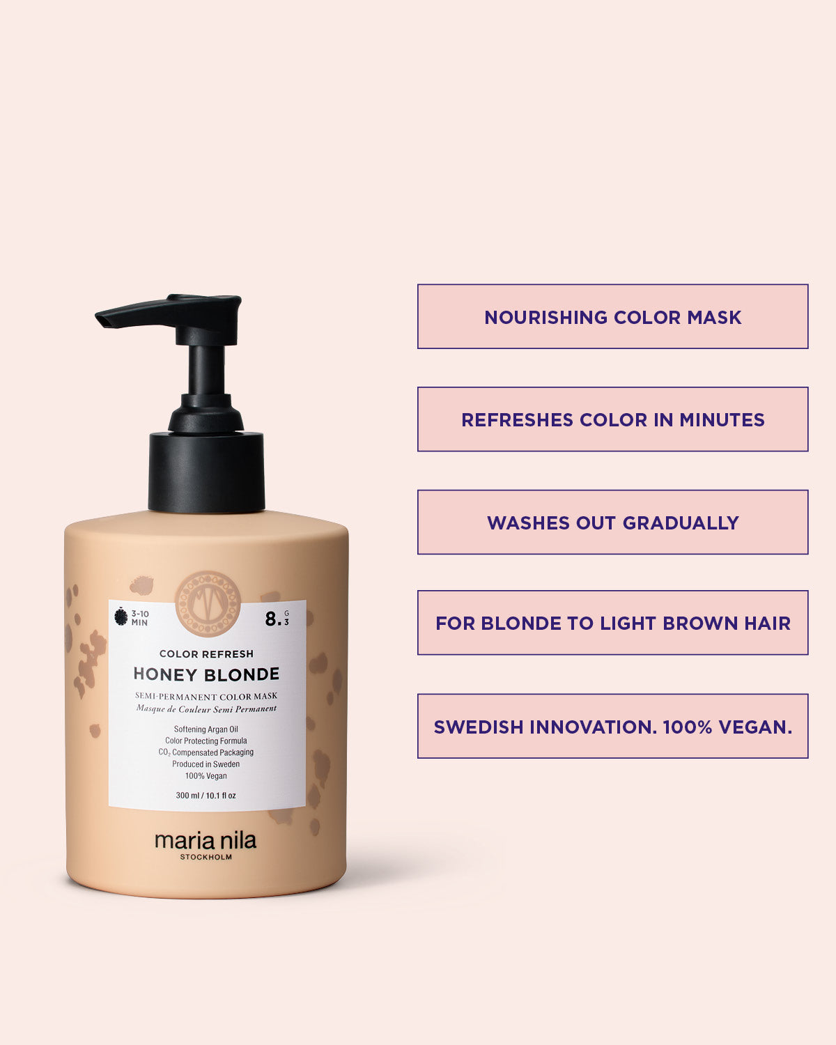 Maria Nila Color Refresh Honey Blonde bottle with product details on a pink background