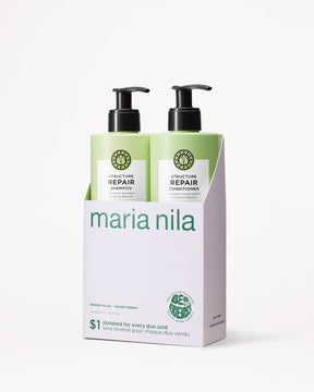 Maria Nila hair care product set with shampoo and conditioner bottles on a white background