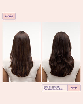 Before and after comparison of hair using the complete Pure Volume collection.