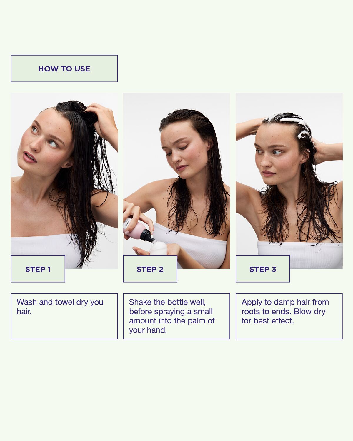 Step-by-step guide on how to use a hair product with three images of a woman applying it.