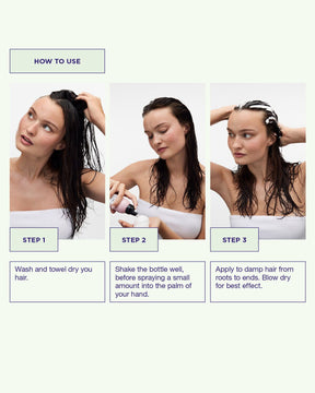 Step-by-step guide on how to use a hair product with three images of a woman applying it.