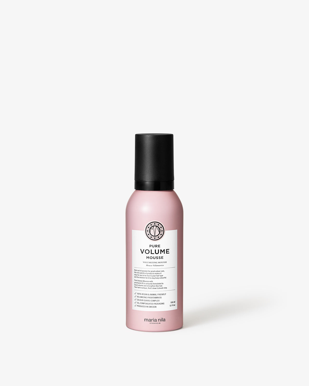 Pink bottle of Maria Nila hair product on a white background