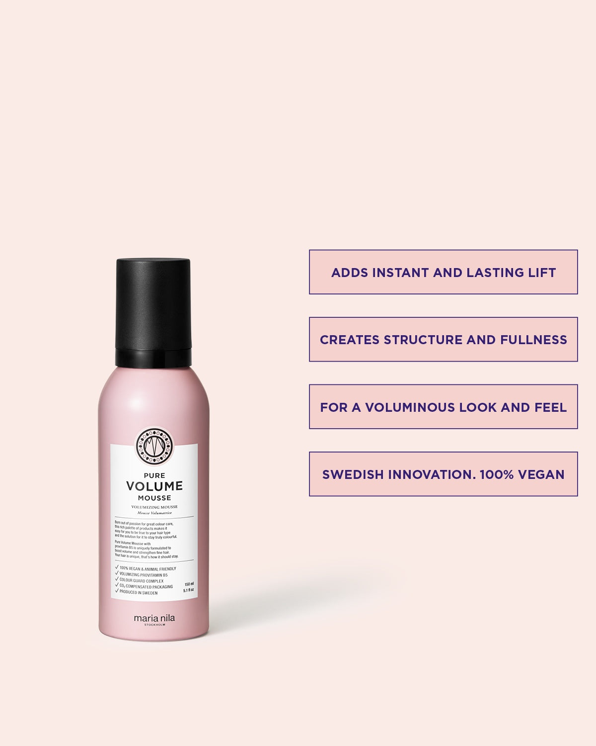 Pink hair product bottle with black cap on a light pink background, featuring text about product benefits.
