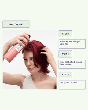 Woman using a Finishing Spray with step-by-step instructions on a green background