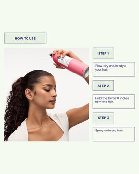 Woman using Extreme Spray with step-by-step instructions on a white background