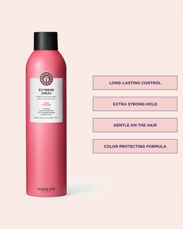 Bottle of Extreme Spray 300ml with text on light pink background 
