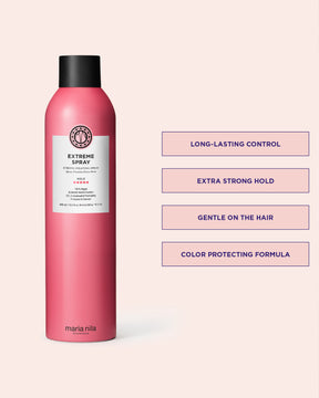 Bottle of Extreme Spray 300ml with text on light pink background 
