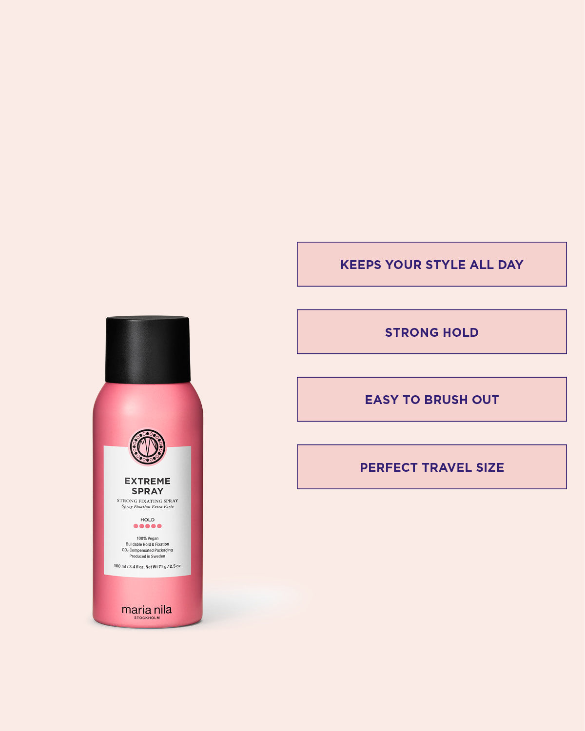 Pink Extreme Spray travel size bottle with black cap on a light pink background