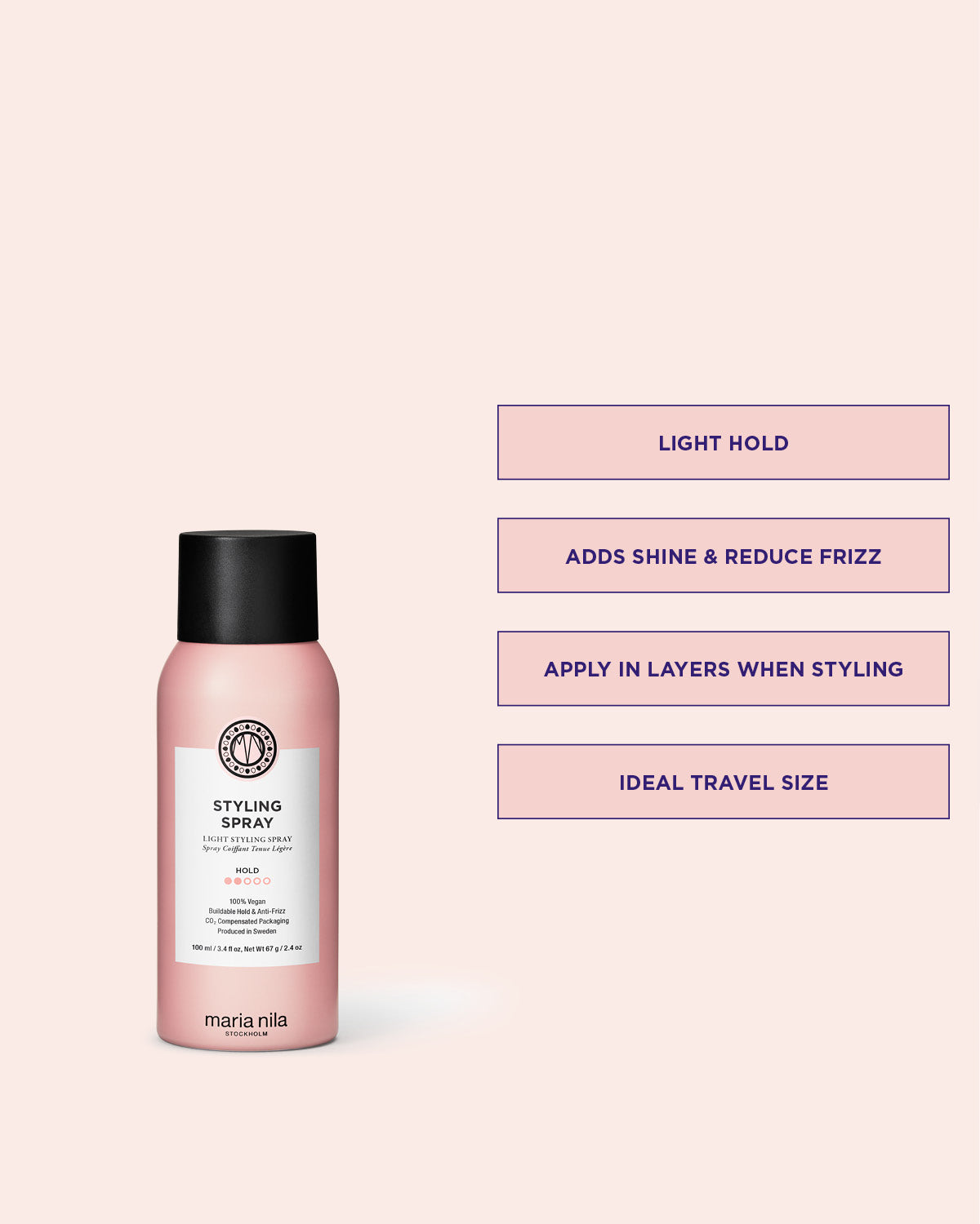 Pink bottle of Maria Nila styling spray with text on a light pink background