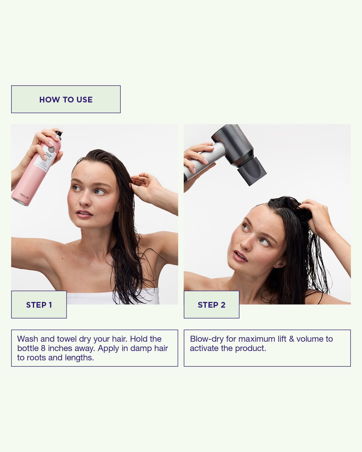 Instructions on how to use Volume Spray with a woman applying it and using a hair dryer.