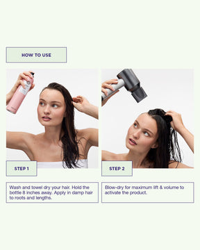 Instructions on how to use Volume Spray with a woman applying it and using a hair dryer.