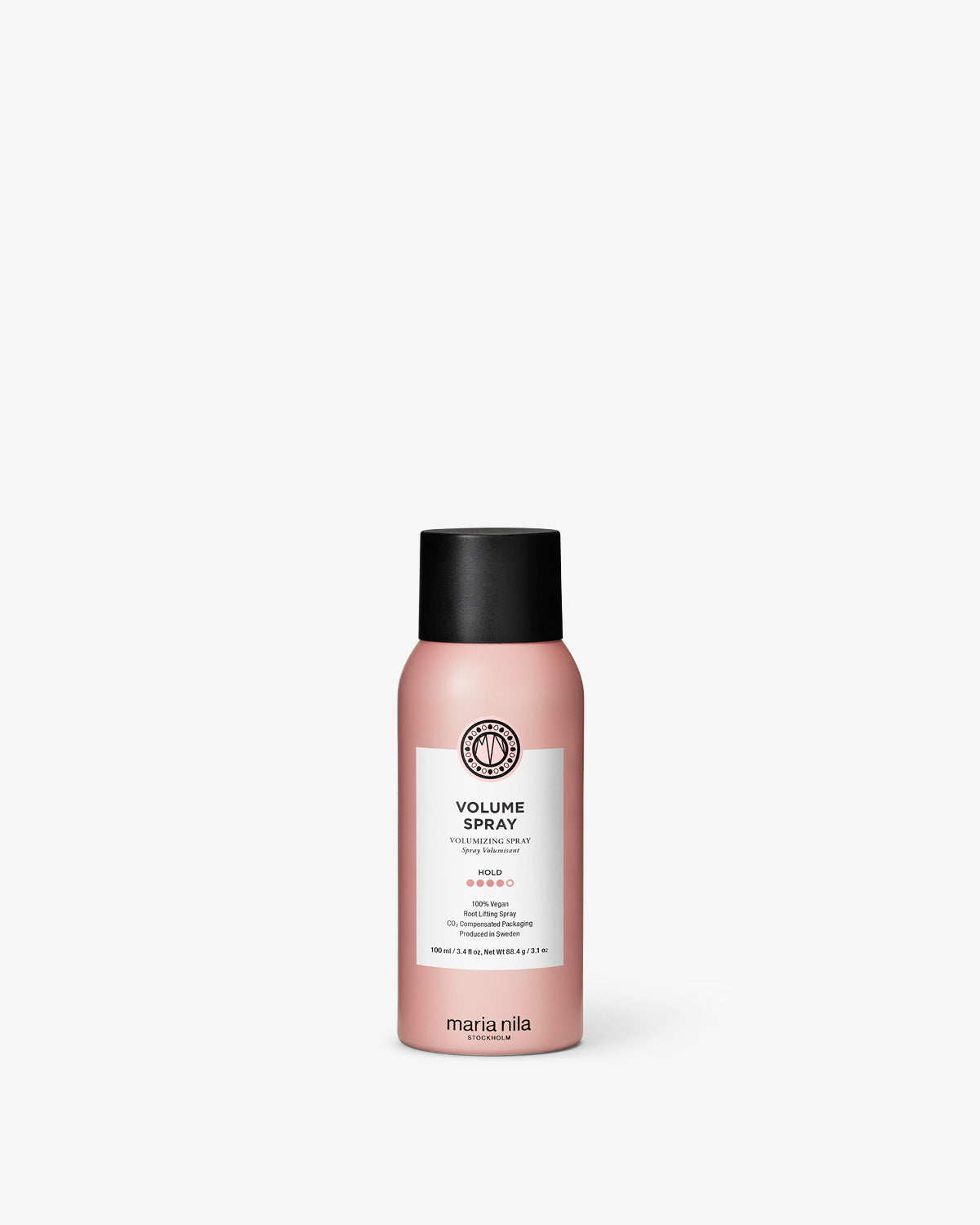 Pink bottle of Maria Nila Volume Spray on a white background