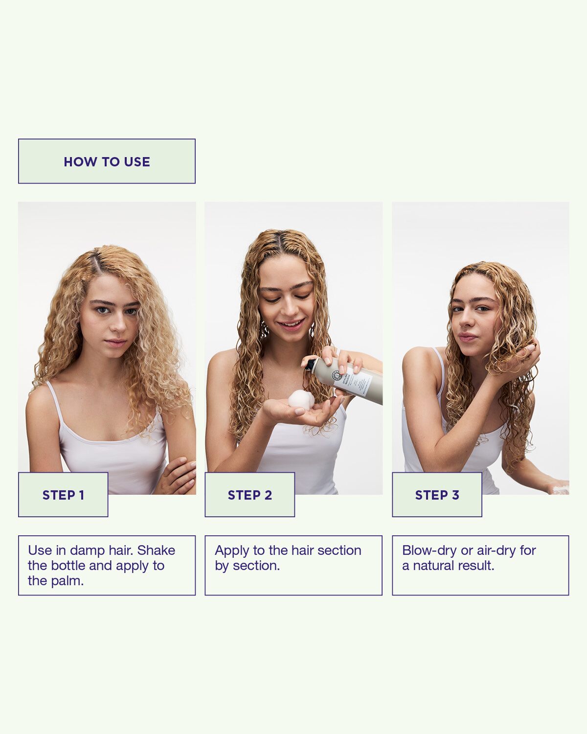 Step-by-step guide on how to use a hair product with a woman demonstrating each step.