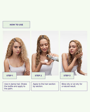 Step-by-step guide on how to use a hair product with a woman demonstrating each step.