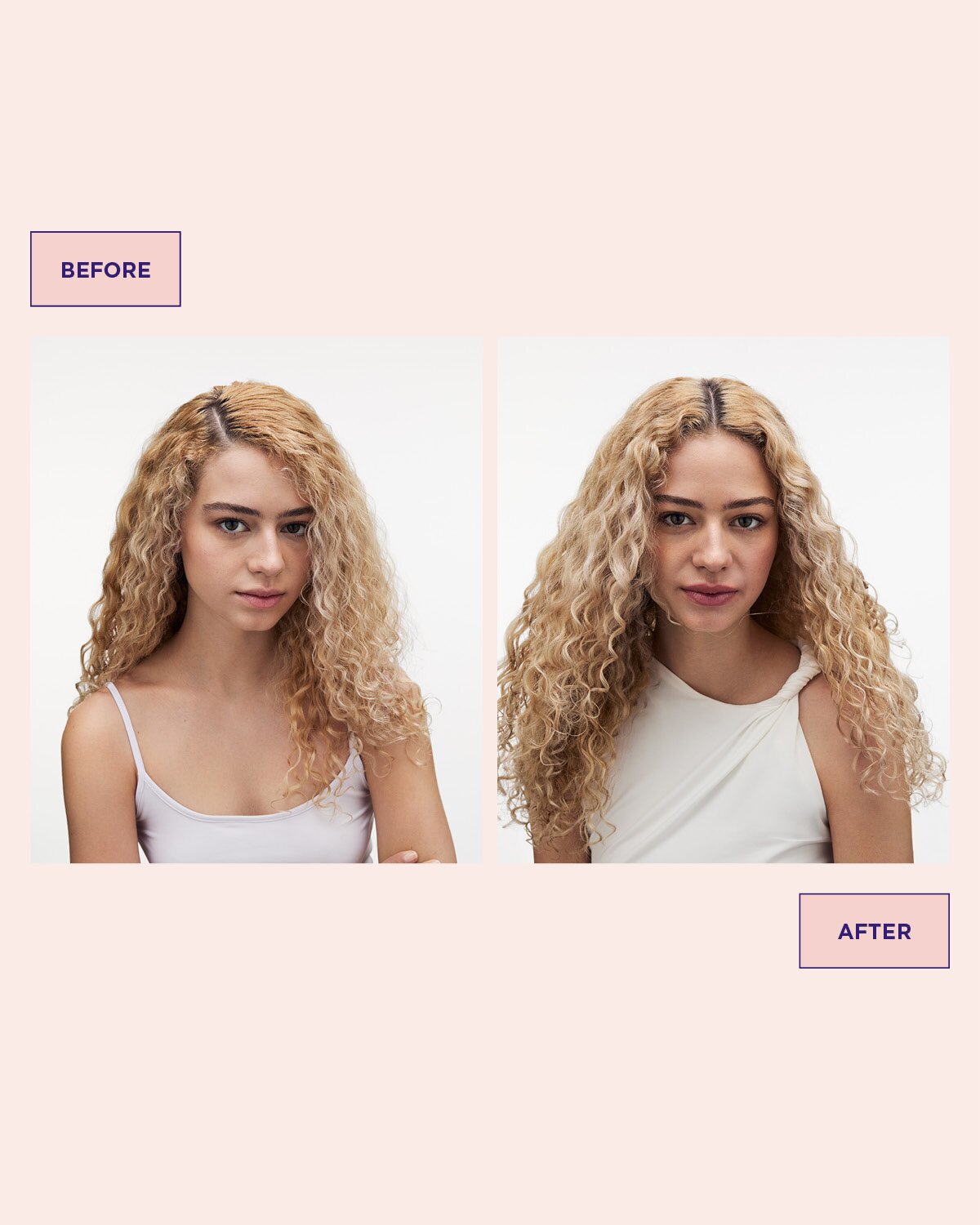 Before and after comparison of a woman with blonde hair on a pink background