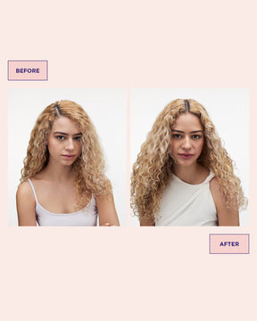 Before and after comparison of a woman with blonde hair on a pink background