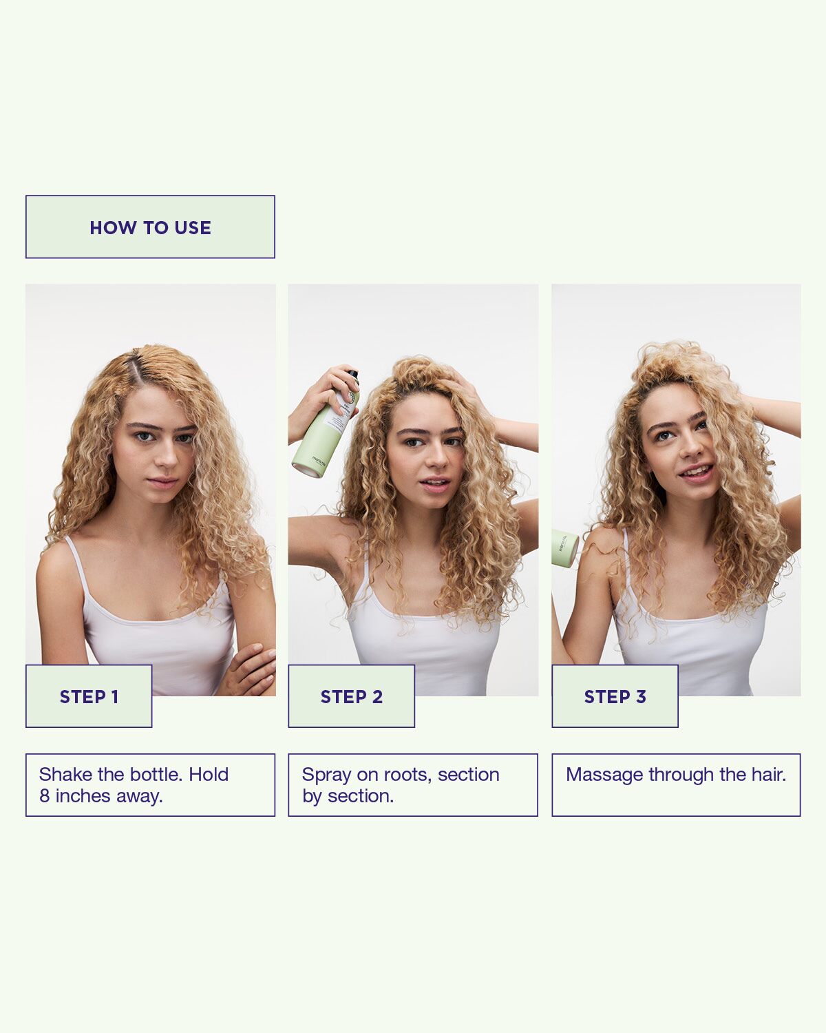 Step-by-step guide on how to use Dry Shampoo with a woman demonstrating each step.