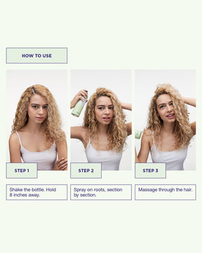 Step-by-step guide on how to use Dry Shampoo with a woman demonstrating each step.