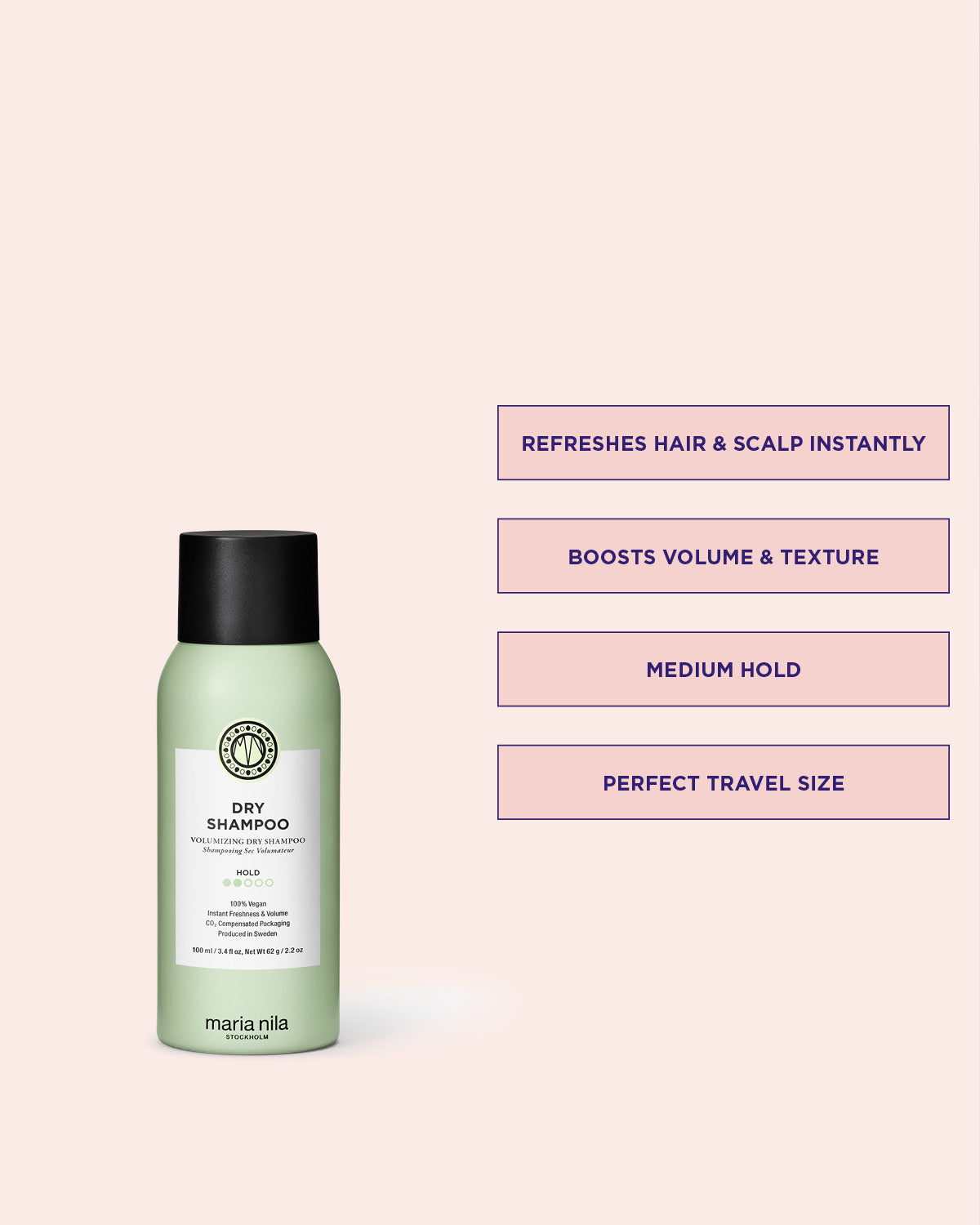 Green bottle of Maria Nila dry shampoo on a light pink background with text highlighting features.