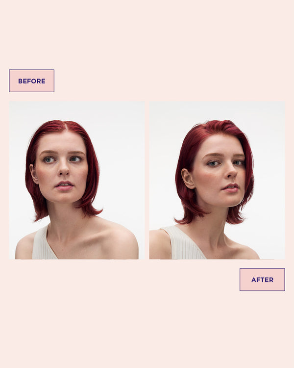 Before and after comparison of a woman with red hair who has used Invisidry Shampoo on a light pink background