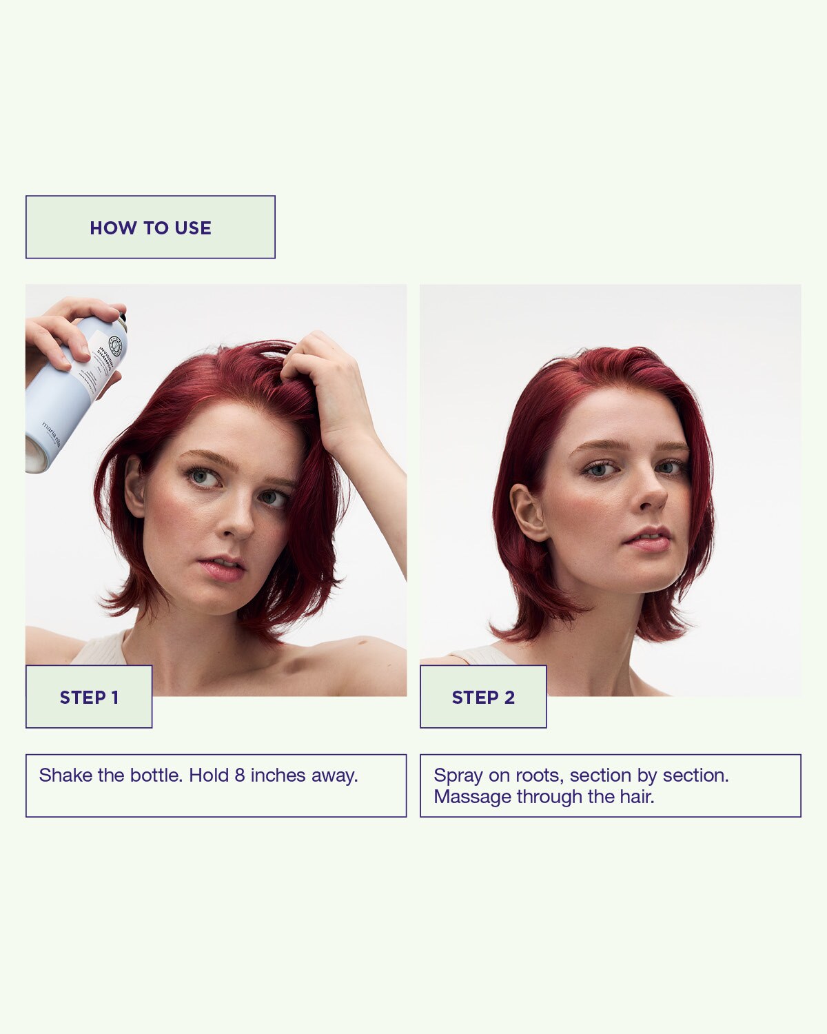 Instructions on how to use Invisidry Shampoo with a woman applying it to her hair.