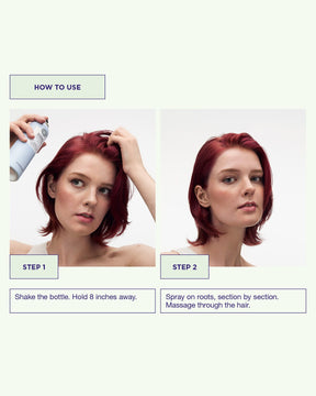 Instructions on how to use Invisidry Shampoo with a woman applying it to her hair.