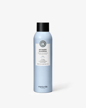 Light blue Invisidry Shampoo bottle with black cap and white label on a white background