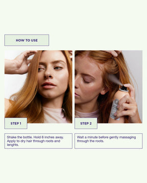 Instructions on how to use Soothing Dry Shampoo with a woman applying it to her hair.