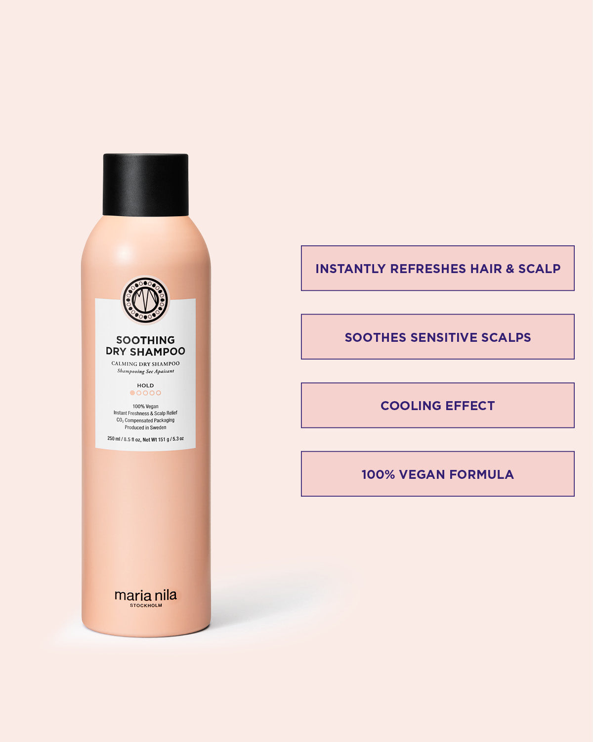 Maria Nila Soothing Dry Shampoo bottle with product features on a light pink background