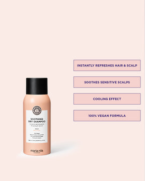 Bottle of Maria Nila soothing dry shampoo on a light pink background with text highlighting product benefits.