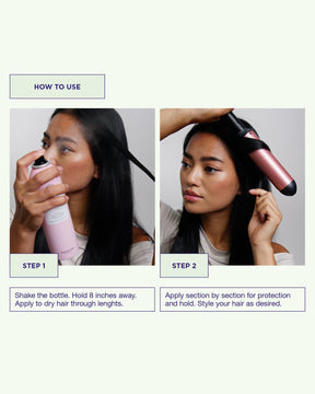 Instructions on how to use a Shaping Heat Spray product with step-by-step guidance.