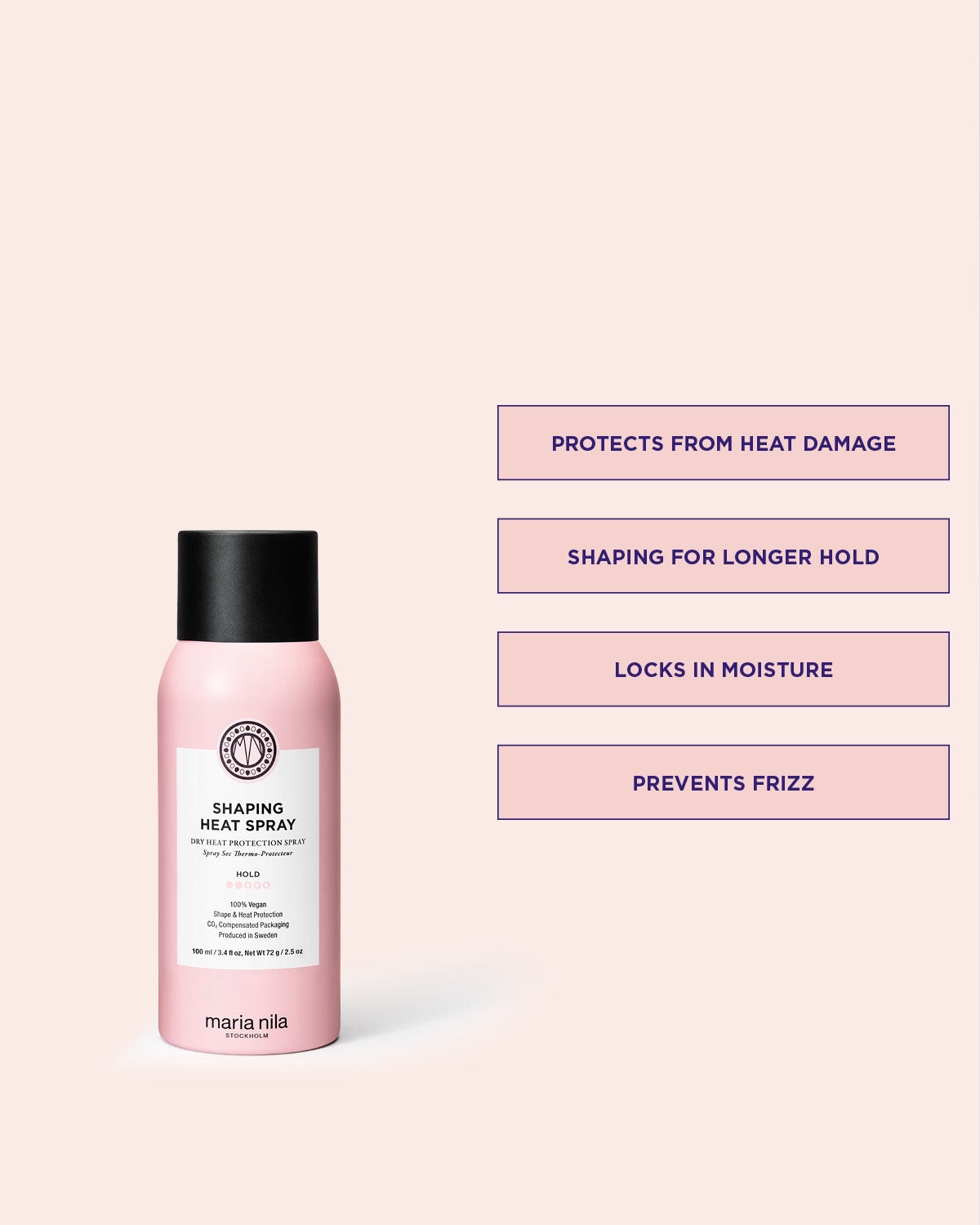 Pink hair spray bottle with black cap on a light pink background, featuring text about product benefits.
