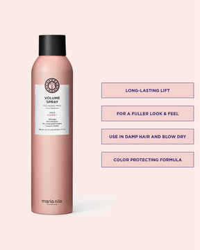 Volume spray bottle with text on a pink background