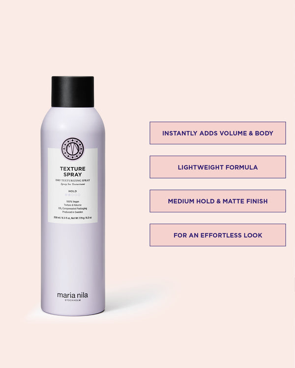 Texture Spray bottle on pink background with text highlighting product benefits 
