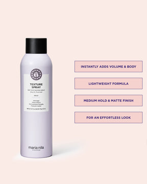 Texture Spray bottle on pink background with text highlighting product benefits 