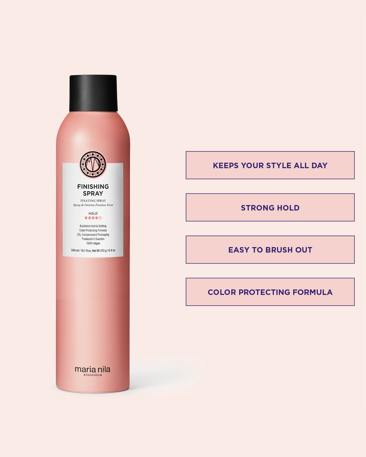 Pink Finishing Spray 300ml bottle with text on a light pink background