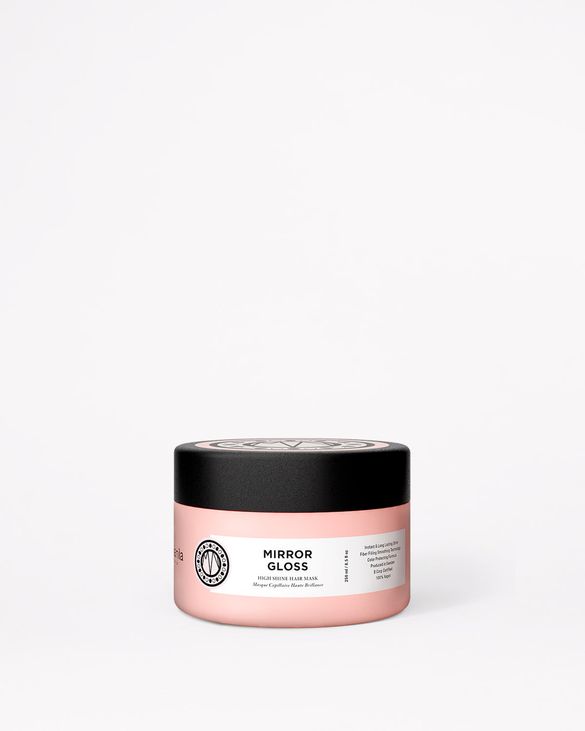 A pink jar of Maria Nila Mirror Gloss hair mask with a black lid, set against a plain white background.
