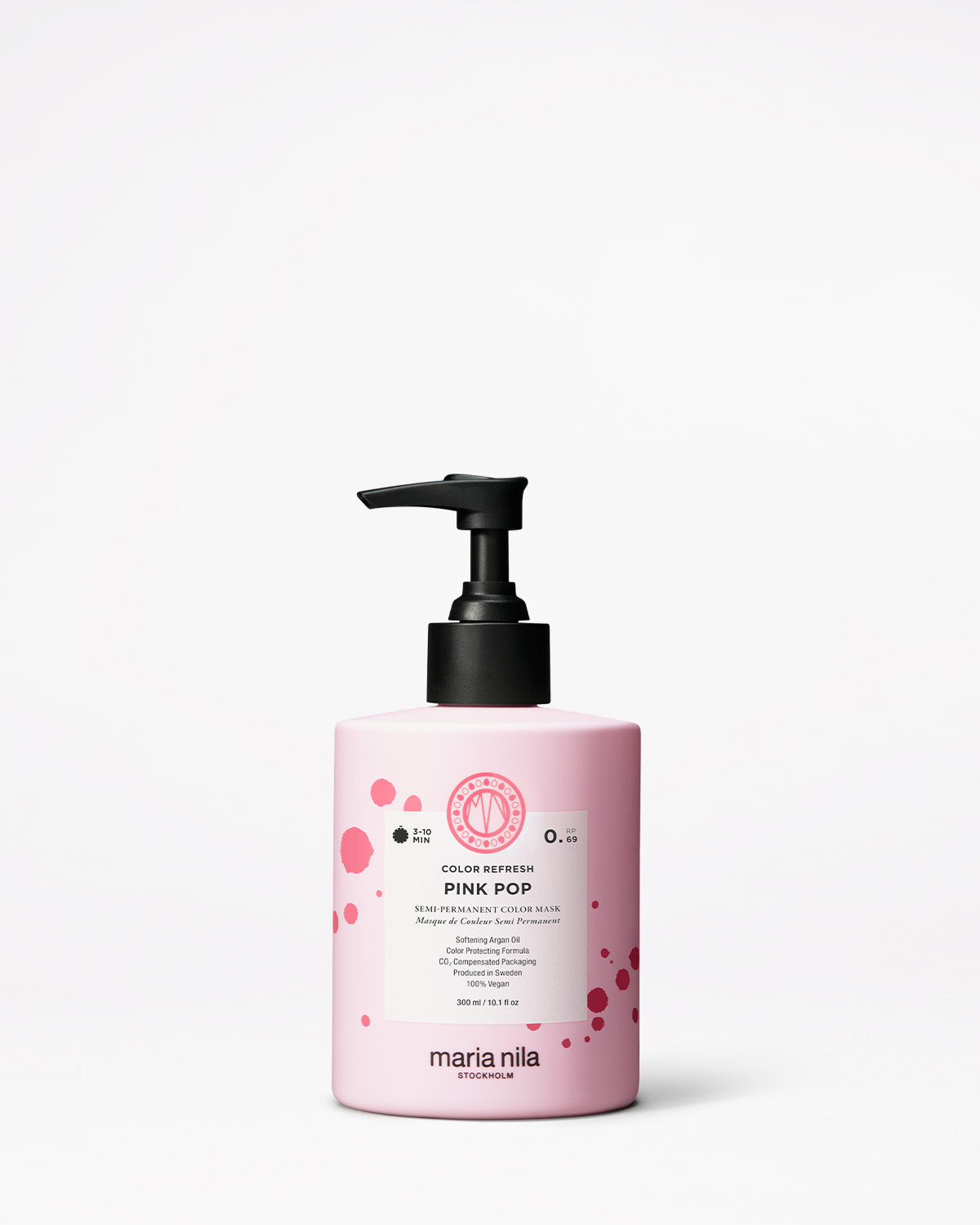 Pink hair color product bottle with black pump on a white background