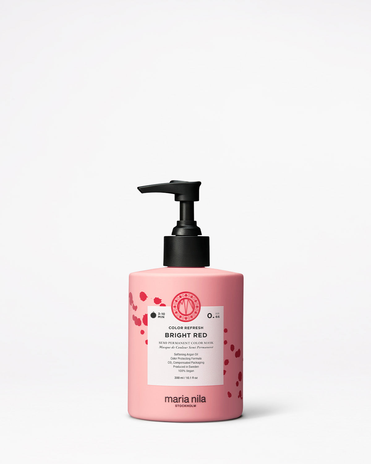 Pink hair color bottle with pump labeled 'Bright Red' by Maria Nila on a white background