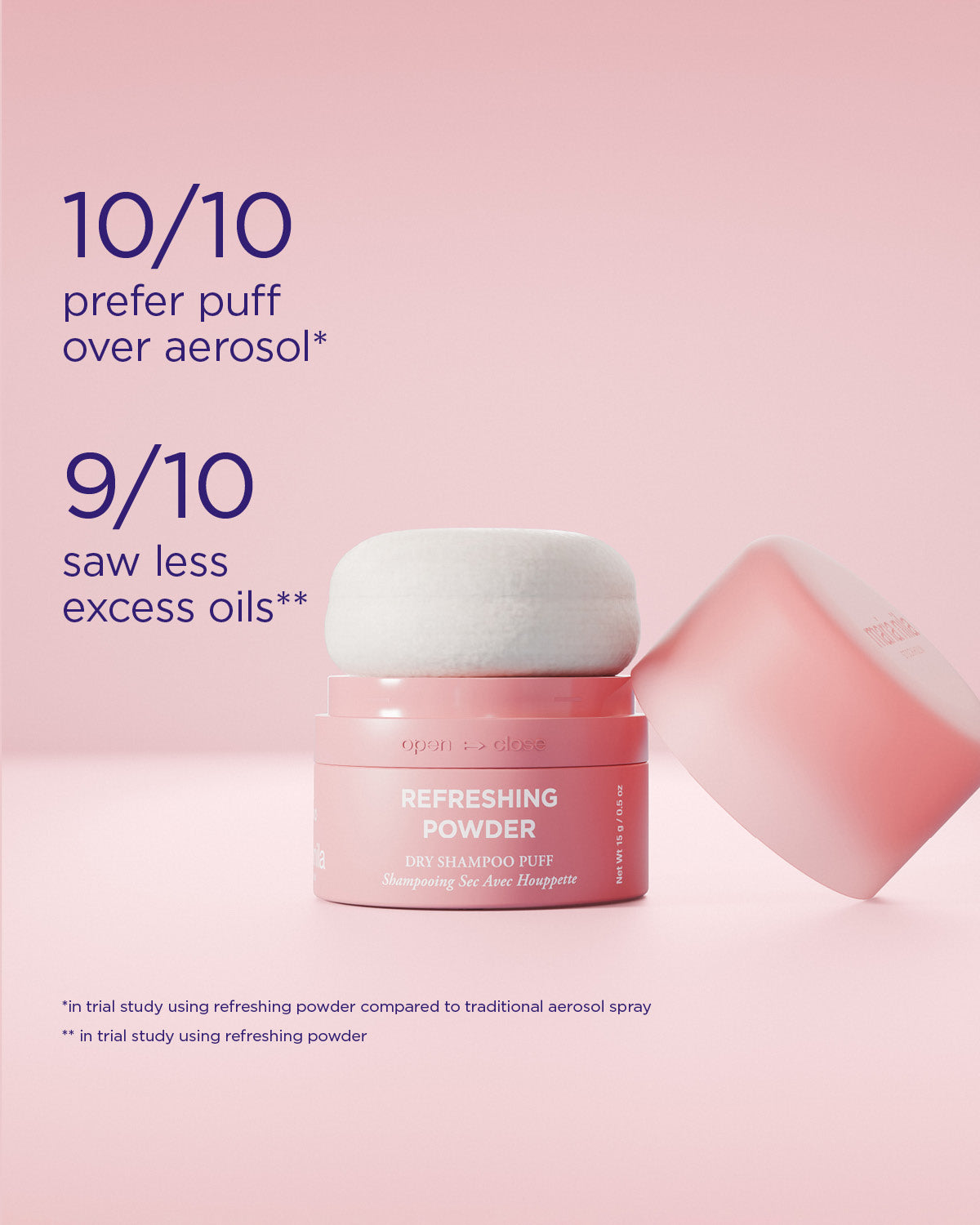 A pink jar labeled Refreshing Powder with a white puff applicator resting on top, alongside a tipped-over jar top, on a soft pink background with text about prodoct claims