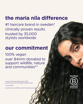 Promotional graphic for Maria Nila Difference haircare, featuring a close-up of a woman with long, wavy dark hair on the right side against a light cream background. The left side contains text highlighting brand claims and a B Corp certification logo.