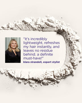 A white cosmetic powder ring is arranged on a light beige background, surrounding a white label with a quote from Klara Strandell, expert stylist.