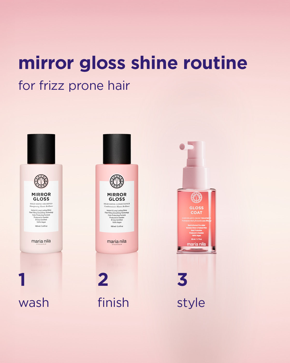 Three haircare bottles labeled wash, finish, and style with a pastel gradient background and text describing a mirror gloss.