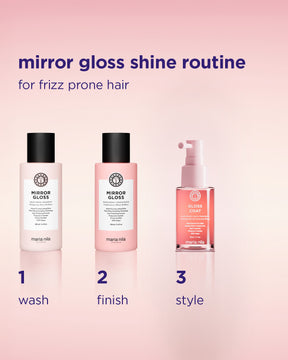 Three haircare bottles labeled wash, finish, and style with a pastel gradient background and text describing a mirror gloss.