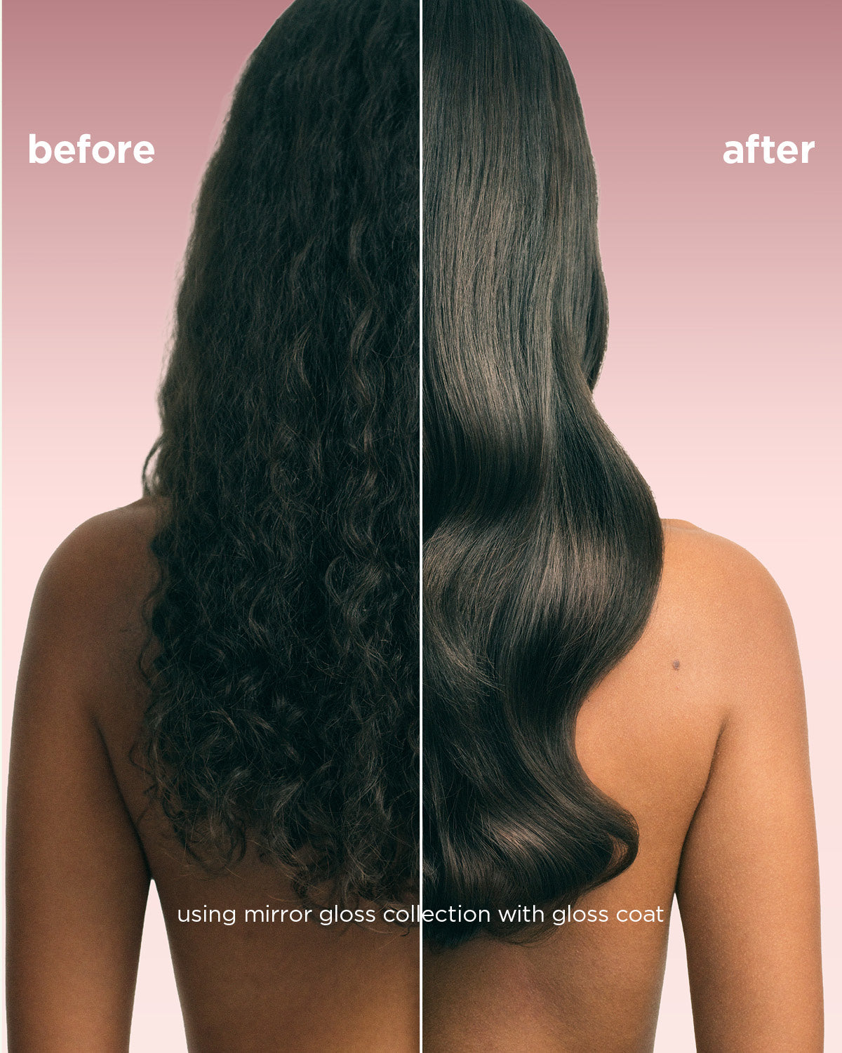 Side-by-side comparison of long hair before and after using gloss coat treatment, showing frizzy curls transformed into.