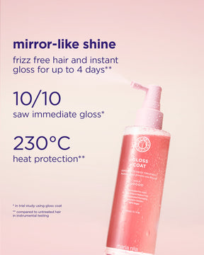 Coral-pink pump bottle of Gloss Coat hair product with white text and heat protection icons on light purple background.