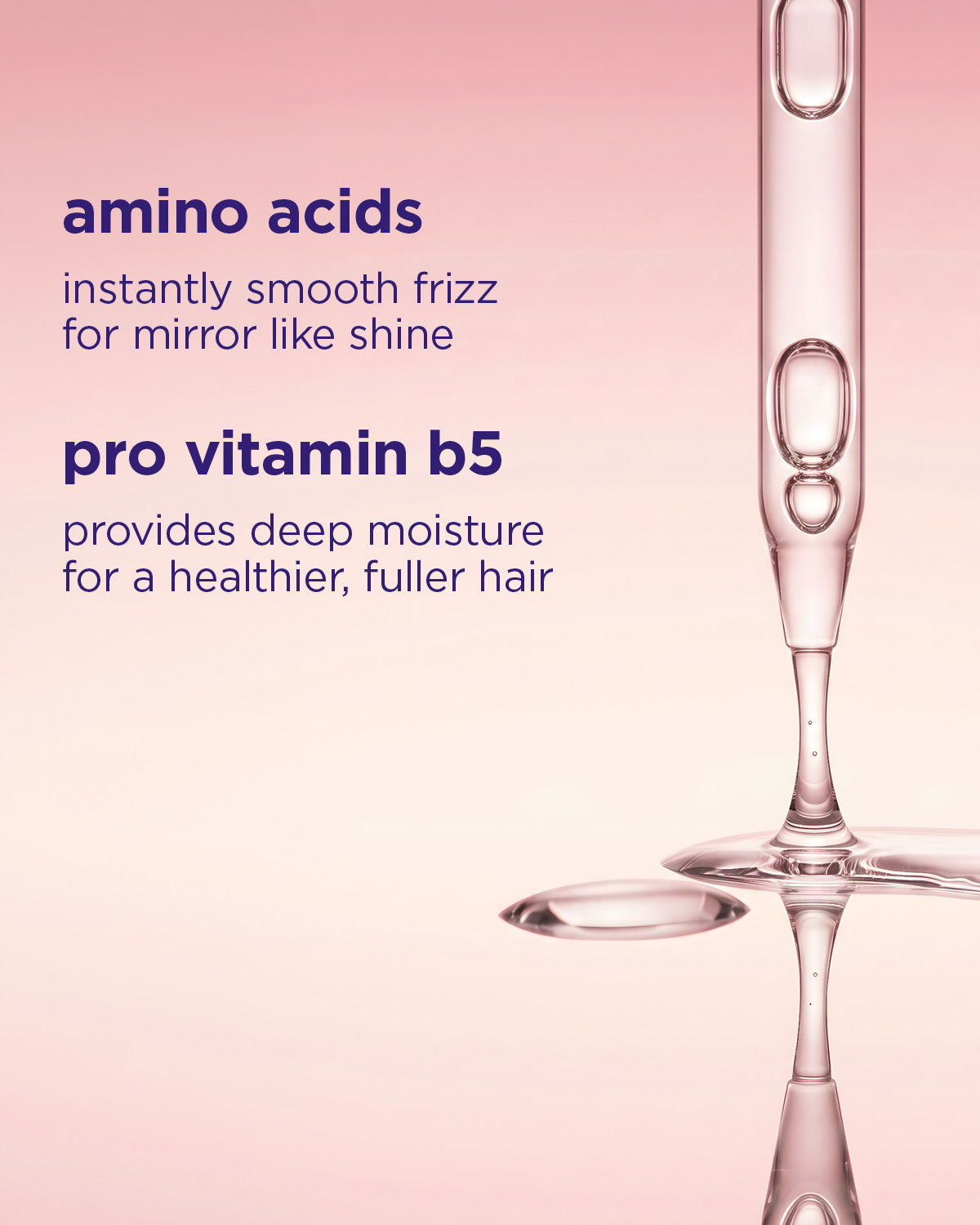 Close-up of clear Gloss Coat serum dropper releasing shiny liquid with text highlighting amino acids and pro vitamin b5.
