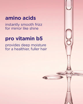 Close-up of clear Gloss Coat serum dropper releasing shiny liquid with text highlighting amino acids and pro vitamin b5.